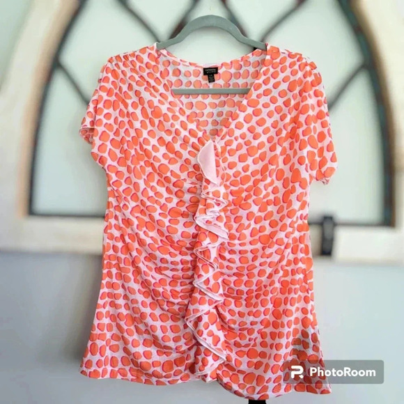 *NWT* rafaella studio Guava Spotted Ruched Ruffle Blouse Size Large - Picture 1 of 7